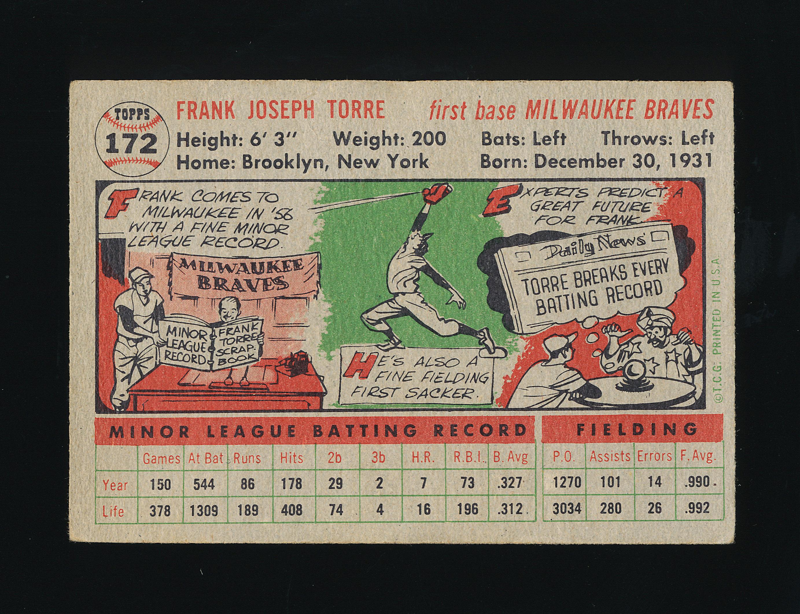 1956 Topps ROOKIE Baseball Card #172 Rookie Frank Torre Milwaukee Braves