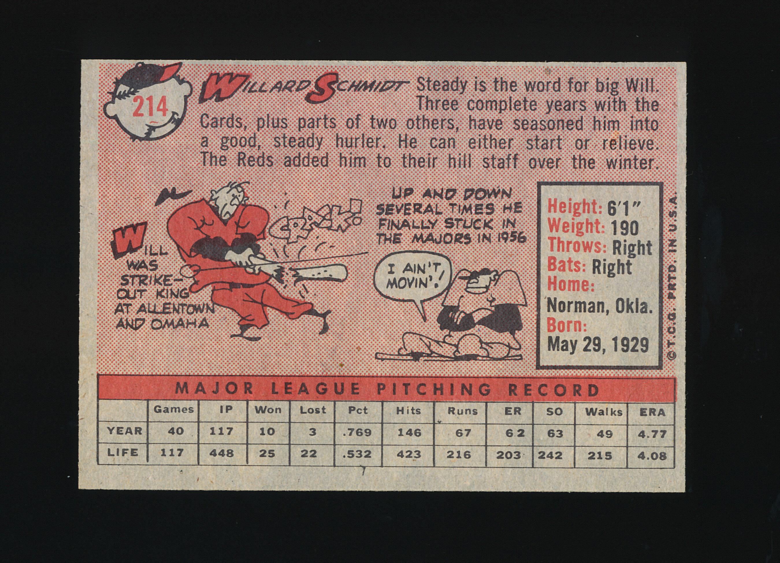 1958 Topps Baseball Card #214 Willard Schmidt Cincinnati Redlegs