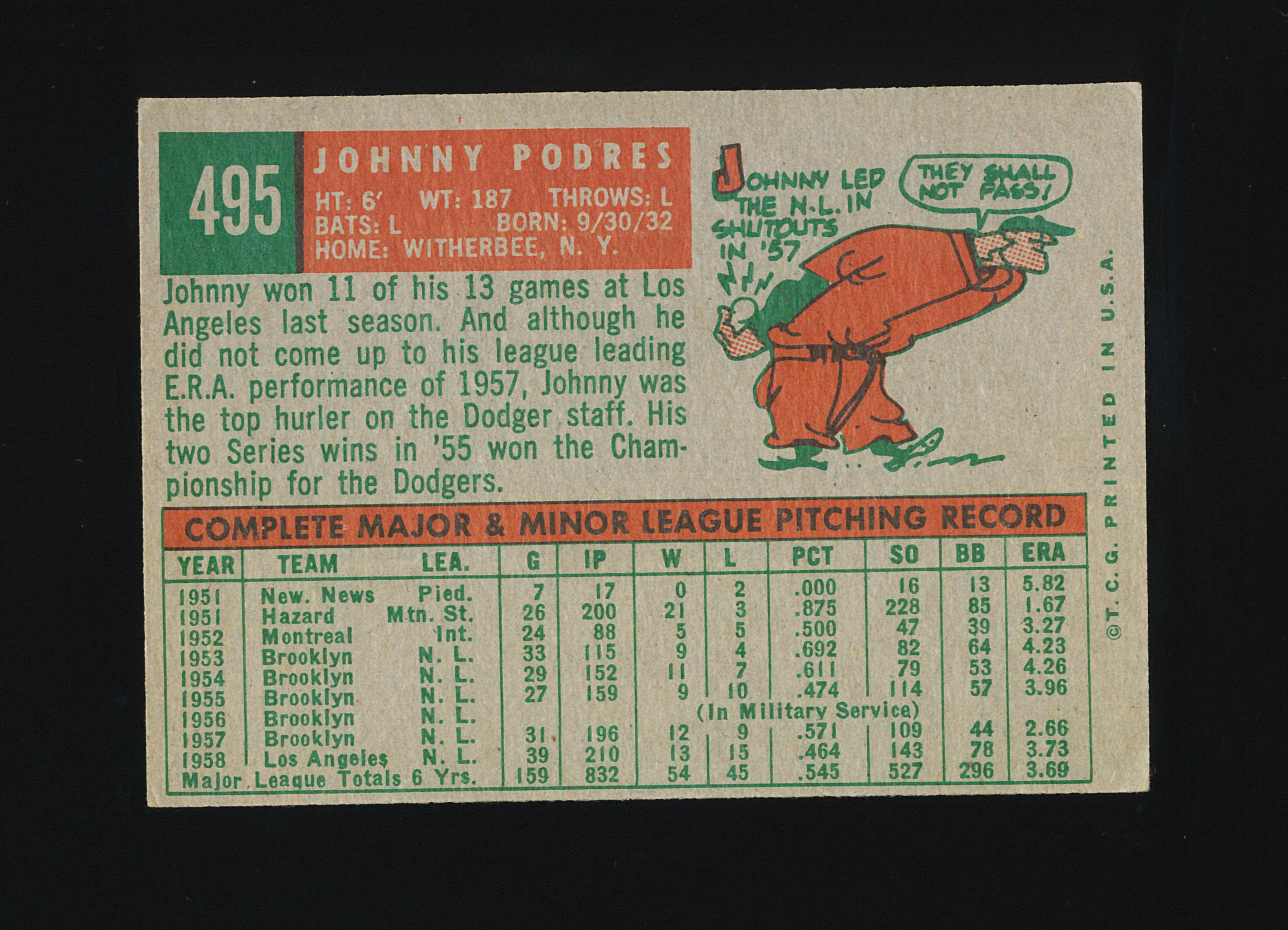 1959 Topps Baseball Card #495 Johnny Podres Los Angeles Dodgers