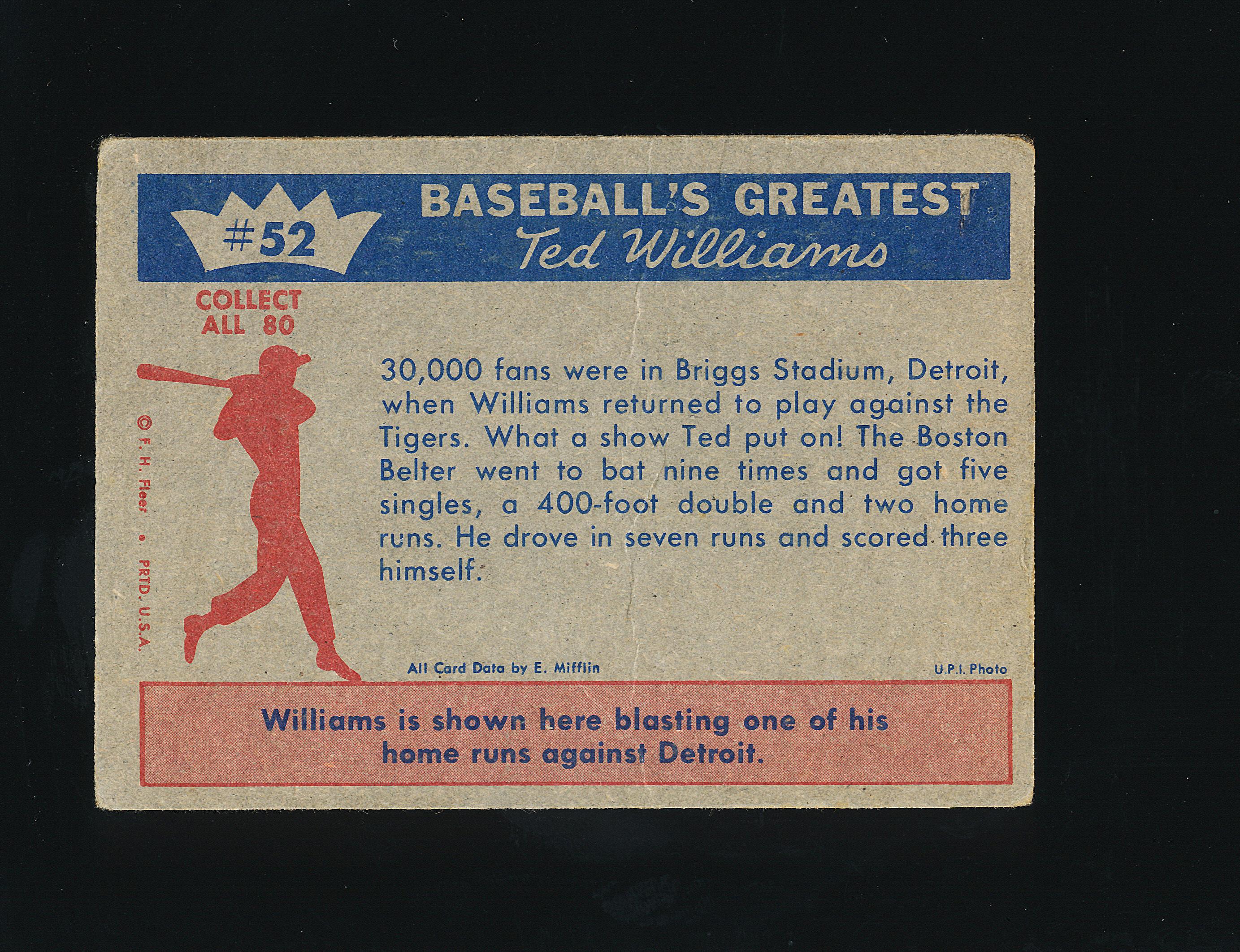 1960 Fleer "Ted Williams Baseballs Greatest Baseball Card #52 "1954-Teds Co