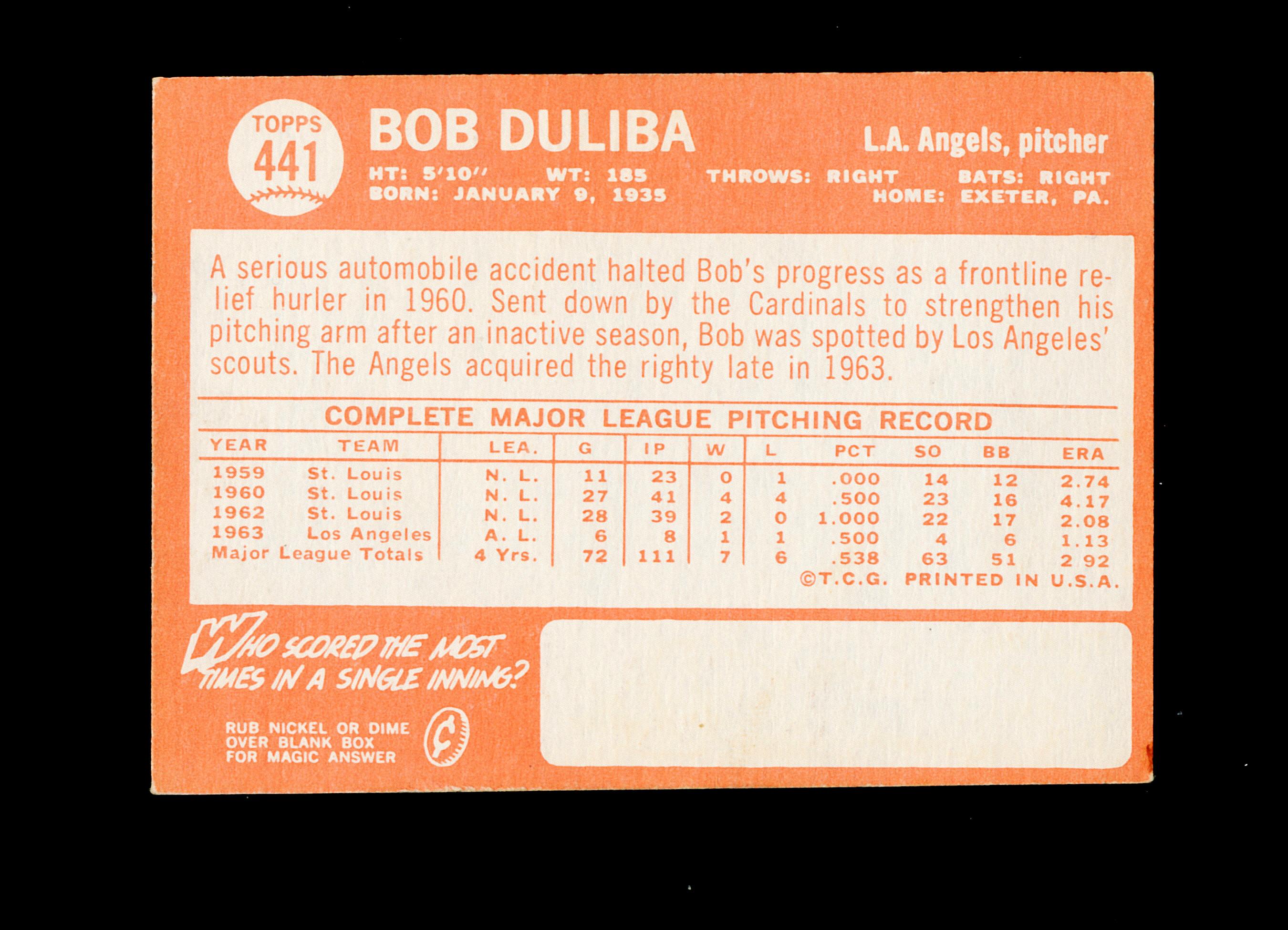 1964 Topps Baseball Card #441 Bob Duliba Los Angeles Angels