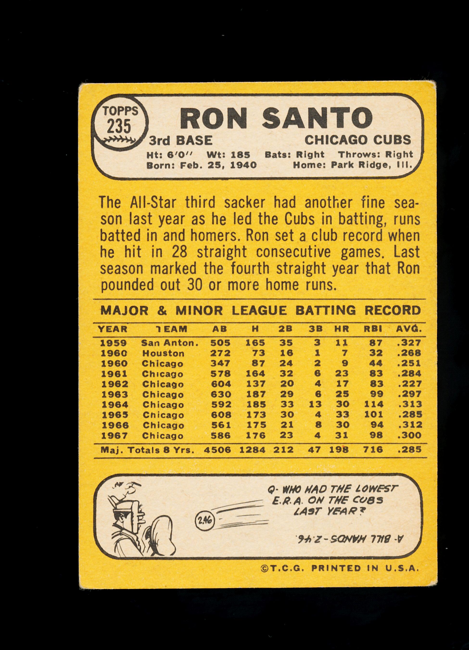 1968 Topps Baseball Card #235 Hall of Famer Ron Santo Chicago Cubs