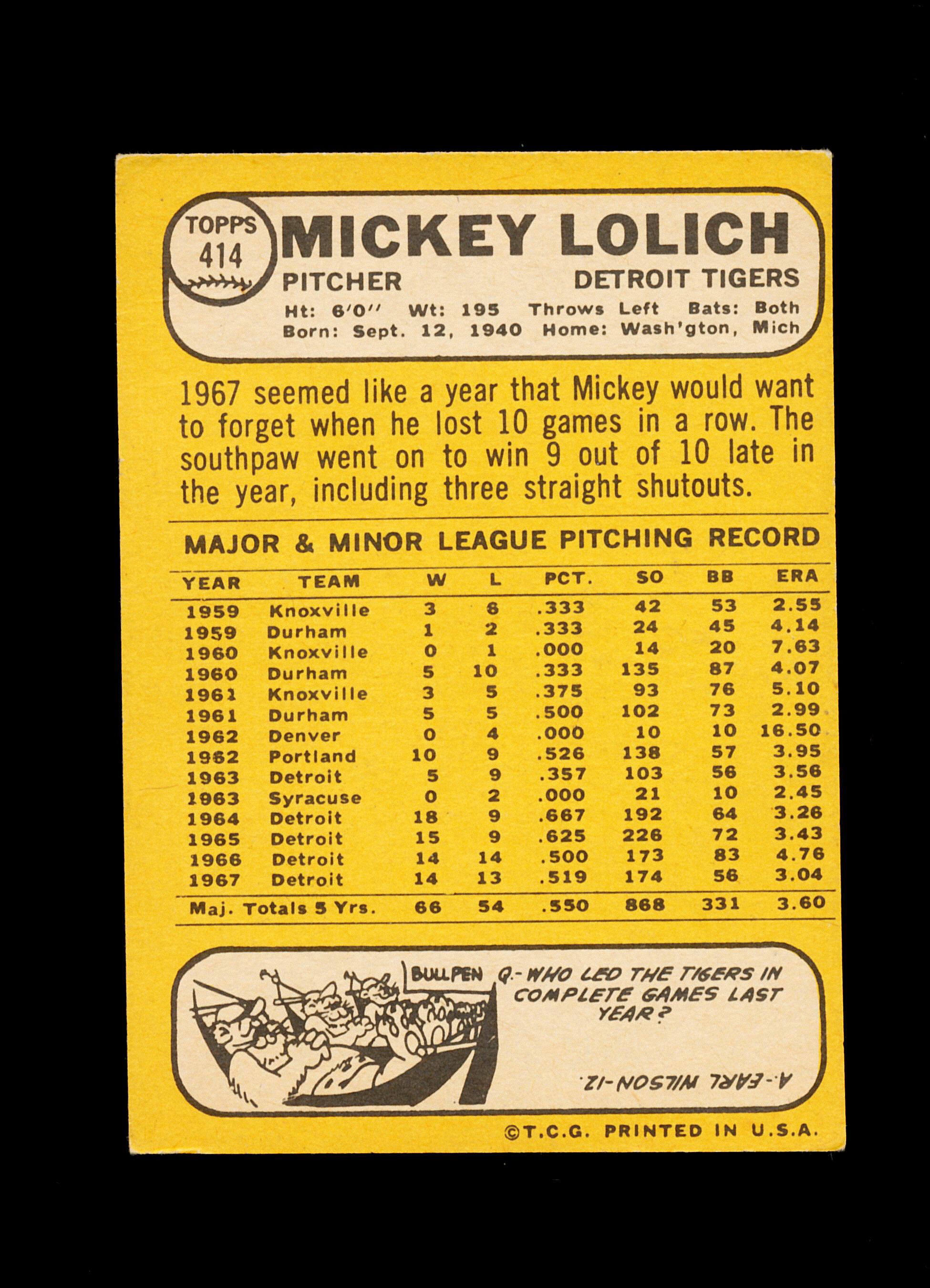 1968 Topps Baseball Card #414 Mickey Lolich Detrot Tigers