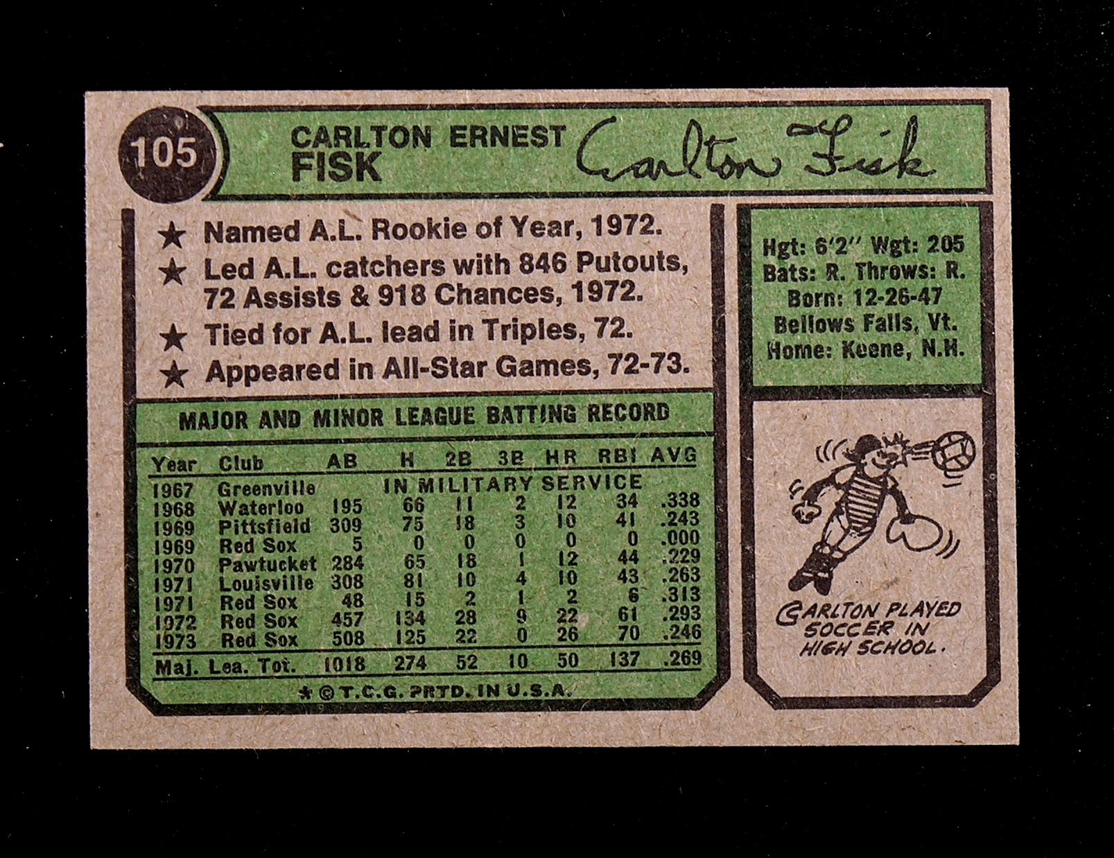 1974 Topps Baseball Card #105 Hall of Famer Carlton Fisk Boston Red Sox