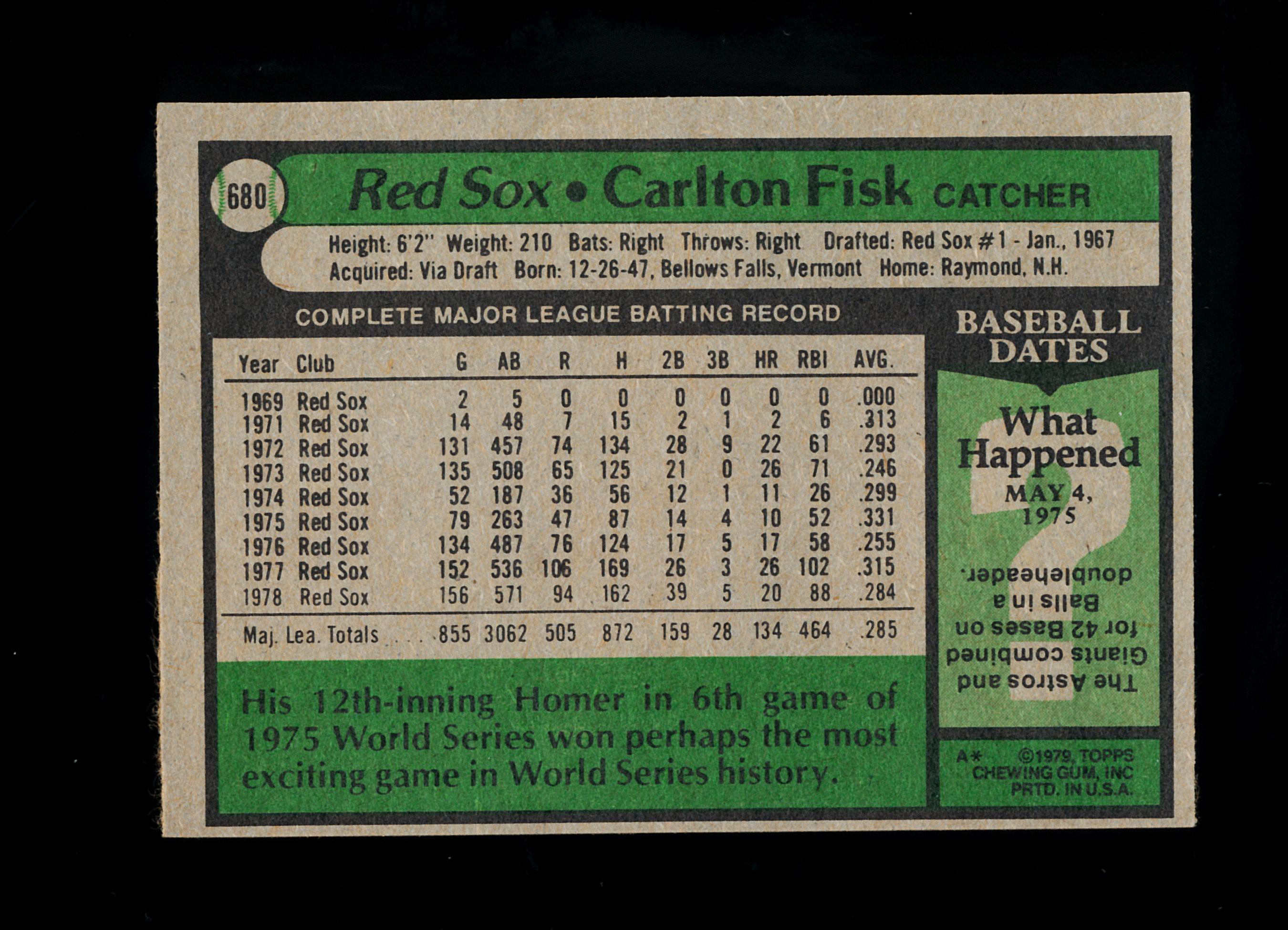 1979 Topps Baseball Card #680 Hall of Famer Carlton Fisk Boston Red Sox