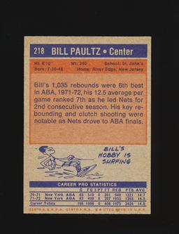 1972-73 Topps Basketball Card #218 Bill Paultz New York Nets