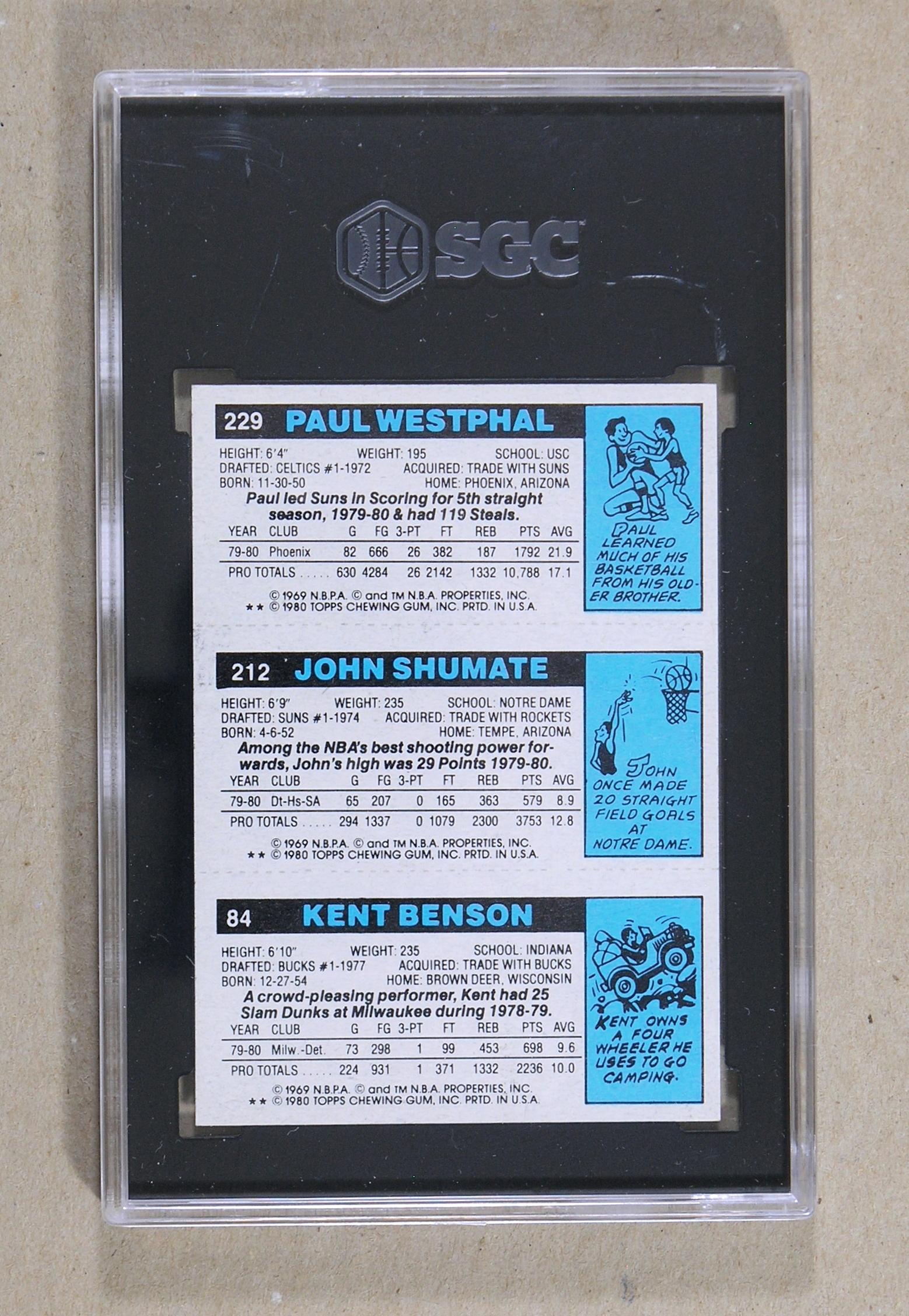 1980-81 Topps Bsketball Card #21 Benson/Shumate/Westphal. Graded SGC NM/MT-