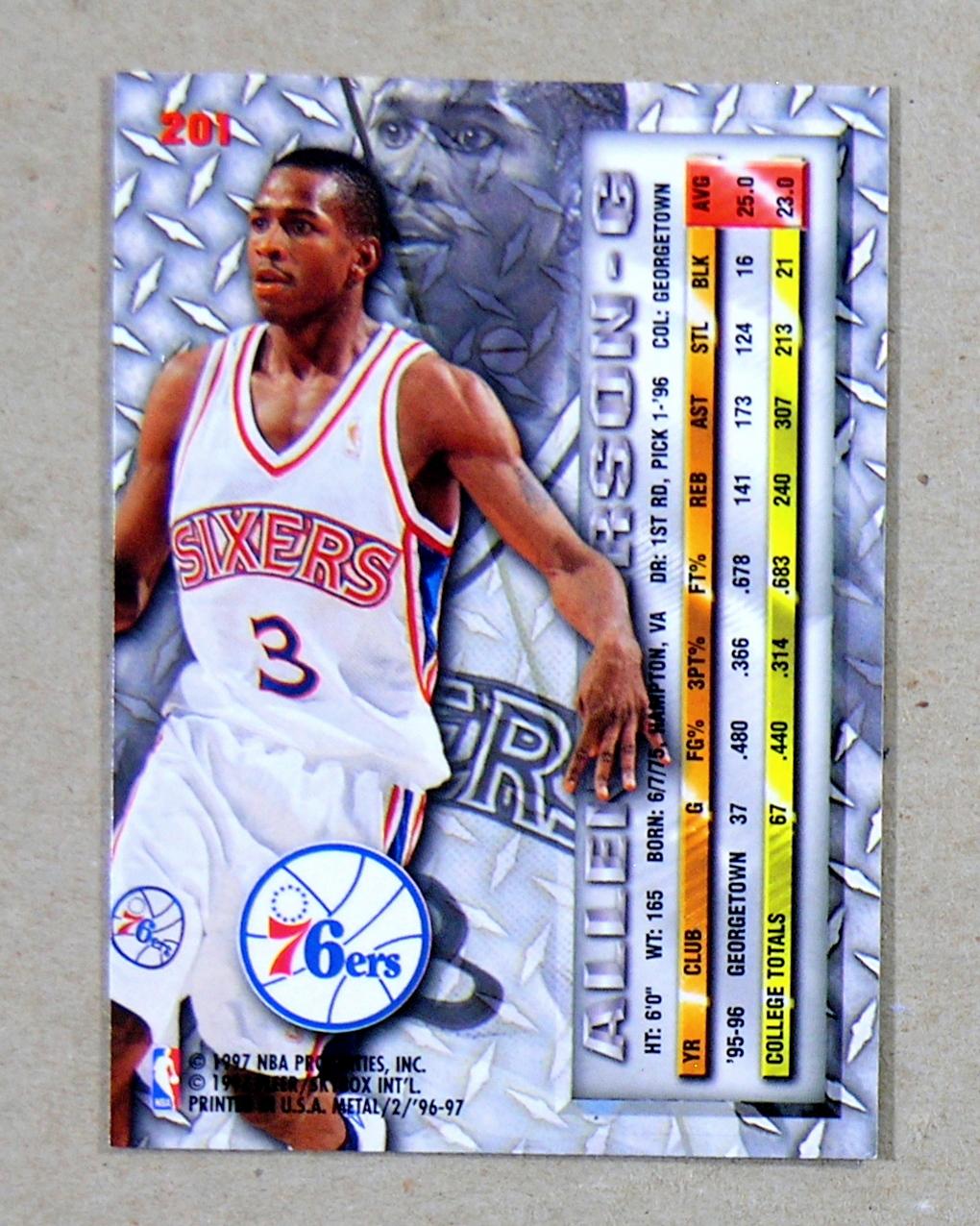 1997 Sky box "Metal" ROOKIE Basketball Card #201 Rookie Allen Iverson Phila