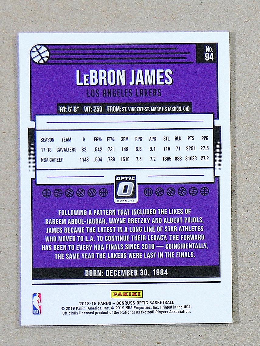 2018-19 Panini Donruss Optic Basketball Card #94 LeBron James Los Angeles L