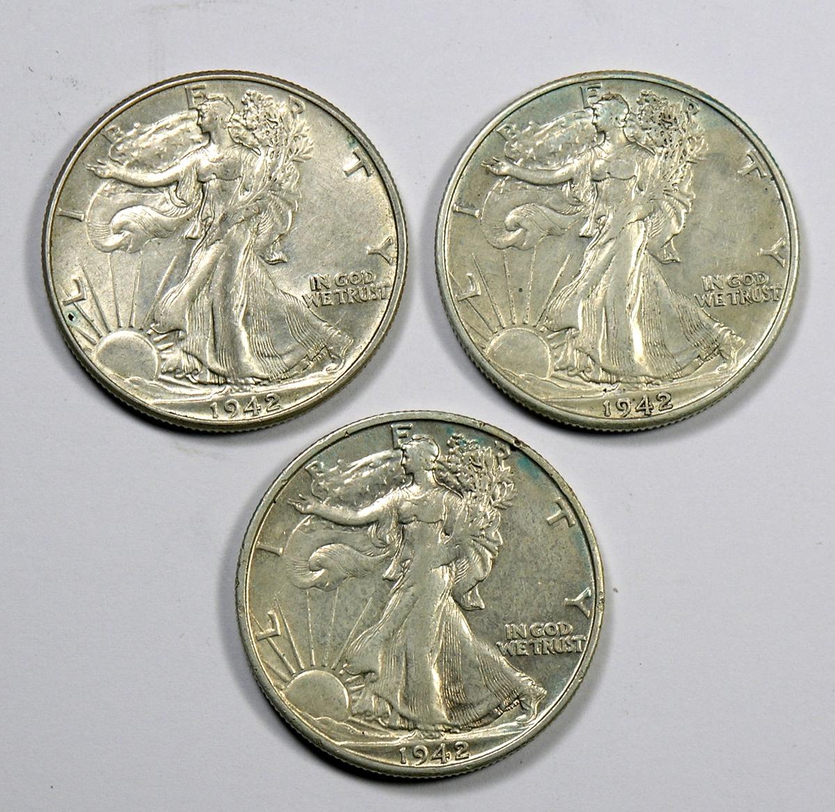 1942 P-D-S Walking Liberty Silver Half Dollars (3 Coins)