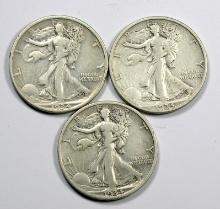 1934 P-D-S Walking Liberty Silver Half Dollars (3 Coins)