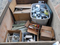 CRATE OF METAL ELEC. BOXES, FACE PLATES, MAILBOX #'S, MISC.