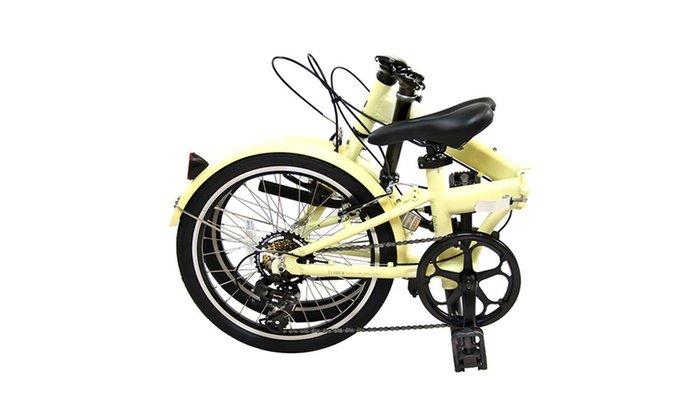 CLOVER ALUMINUM FOLDING BICYCLE WITH SHIMANO 7-SPEED NEW CREAM appears new in box unopened.