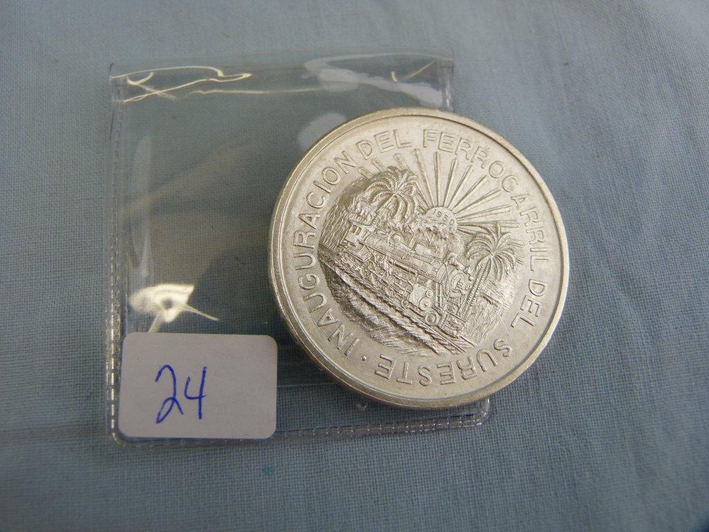 1950 Mexican 5 Peso coin, train on back