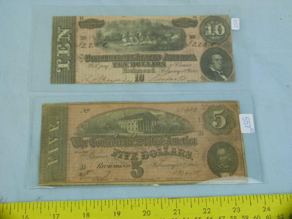 (2) Confederate Currency, $10 & $5, T-68 & T-69