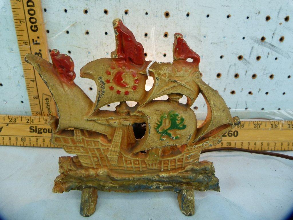 Cast iron TV lamp, sailing ship, 7-1/2" T, works