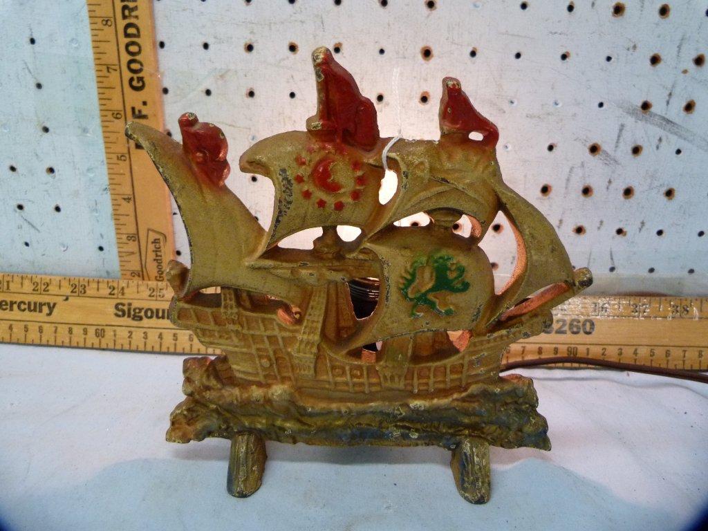 Cast iron TV lamp, sailing ship, 7-1/2" T, works