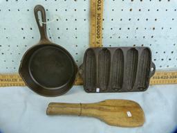 Cast iron skillet & cornbread pan; wooden spatula