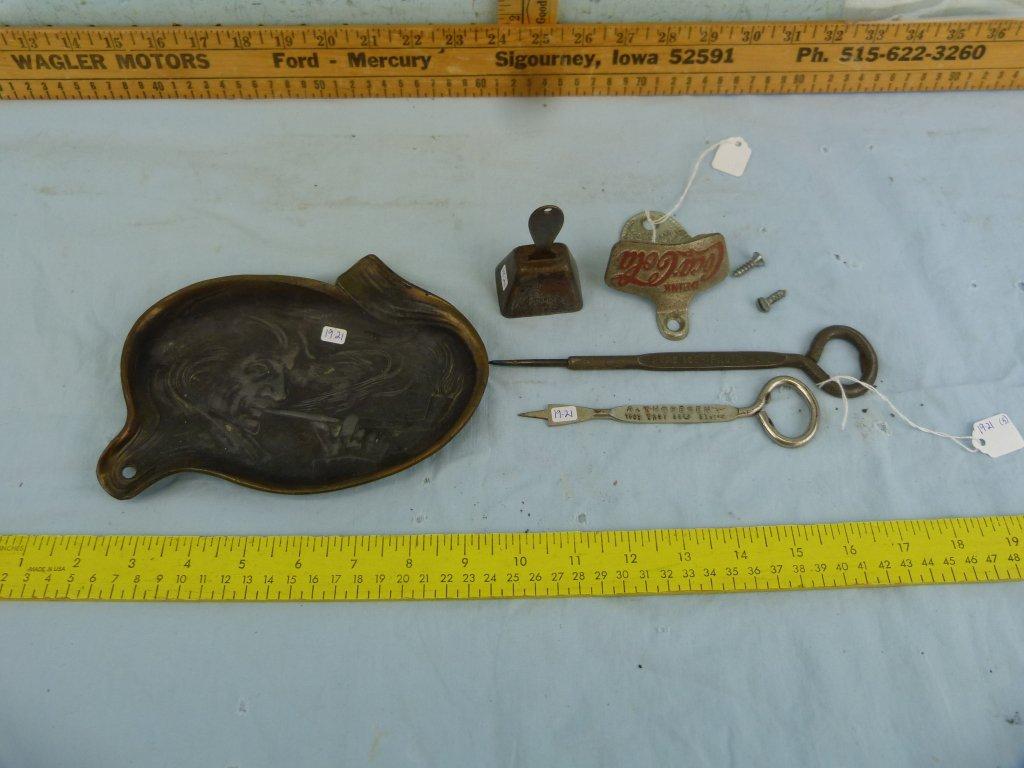 5 items: ashtray, can opener, advertising picks & bell