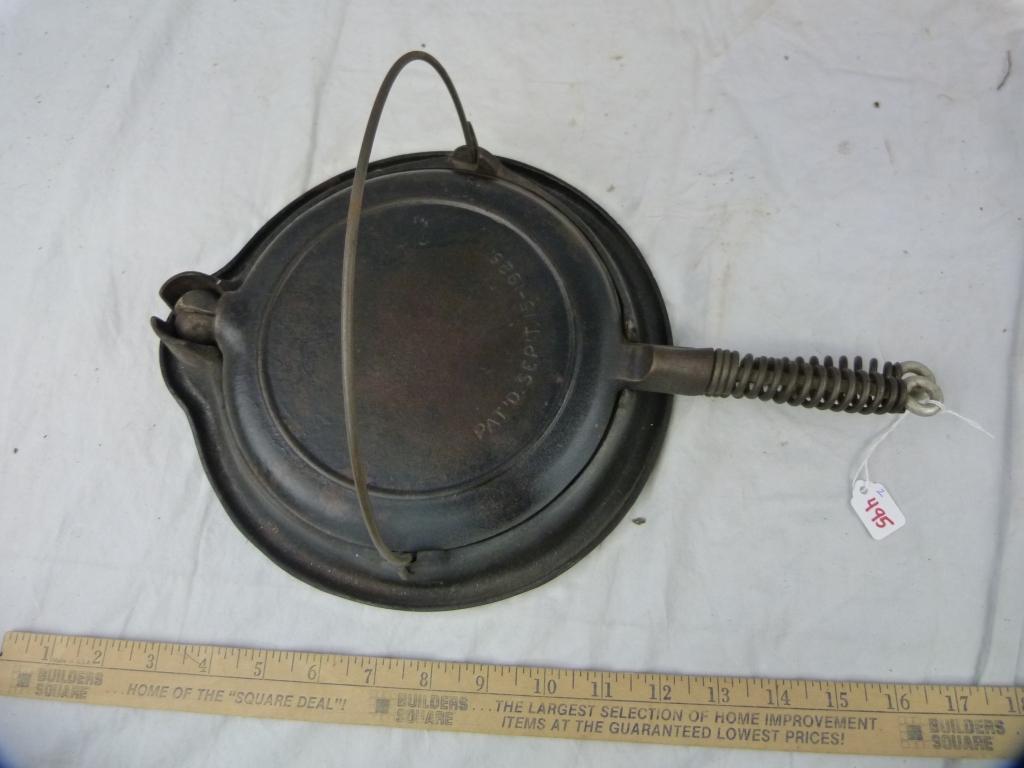 Cast iron waffle iron stamped Pat'd Sept 15-1925, 15-1/2" L
