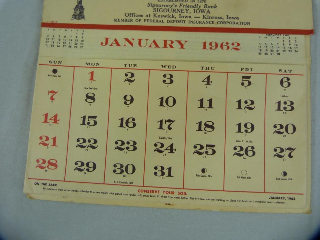 1962 First Trust & Union Savings Bank calendar & March/April Garden Theatre movie slate poster, x