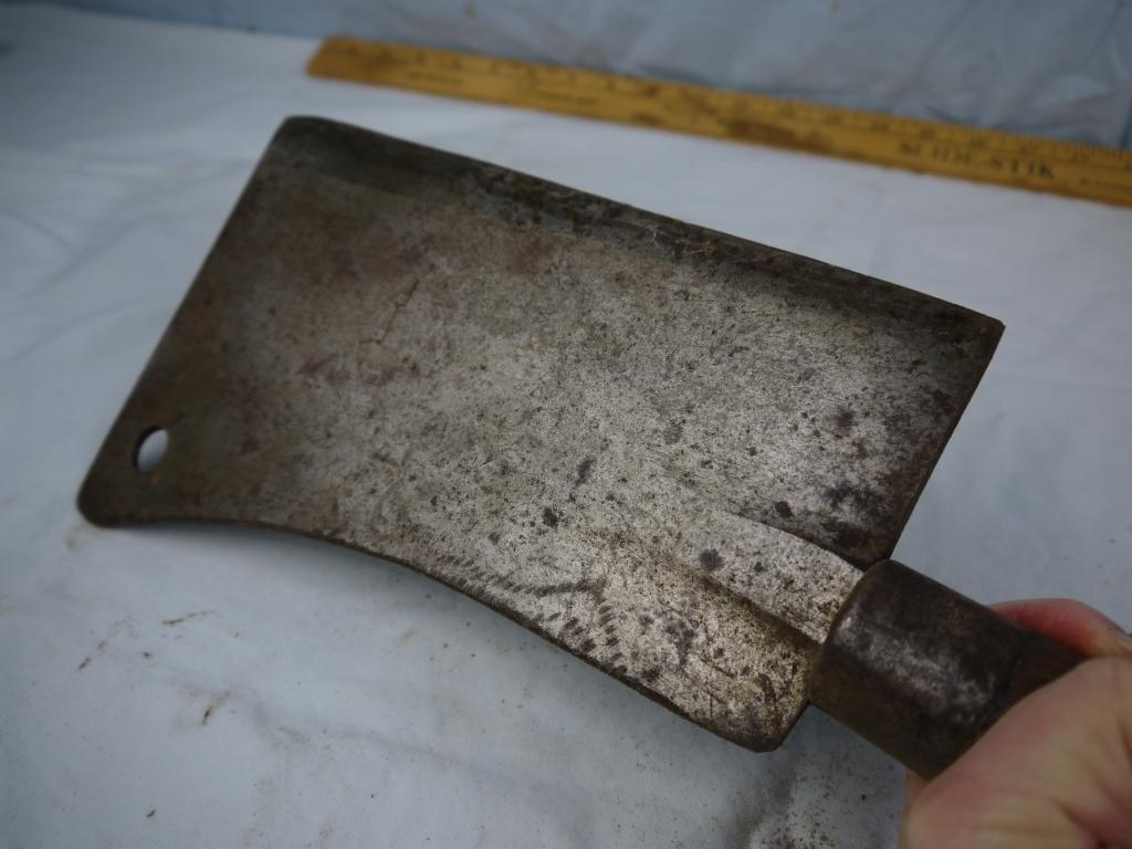 (2): G.S. Bar Co. broad axe blade & Fulton Tool Co cleaver, 20-3/4" L