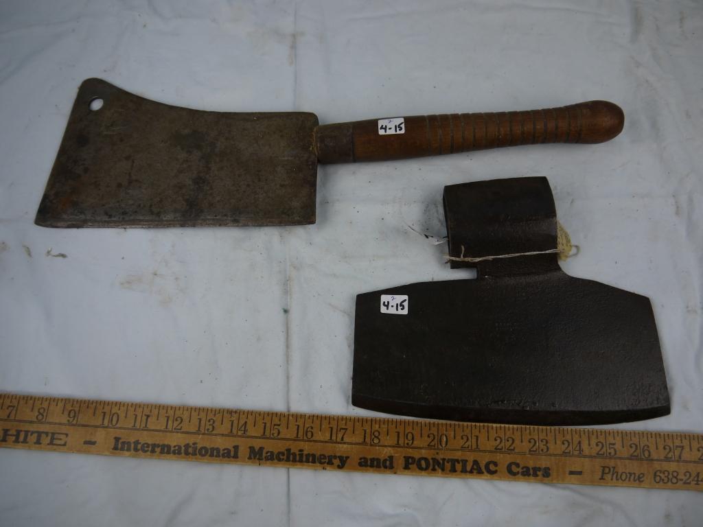 (2): G.S. Bar Co. broad axe blade & Fulton Tool Co cleaver, 20-3/4" L