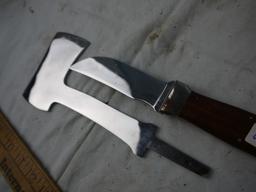 KA-Bar/Union Cutlery knife & hatchet set with Marble's leather sheath; some rust.