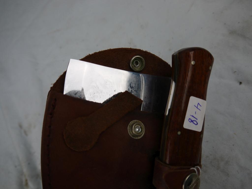 KA-Bar/Union Cutlery knife & hatchet set with Marble's leather sheath; some rust.