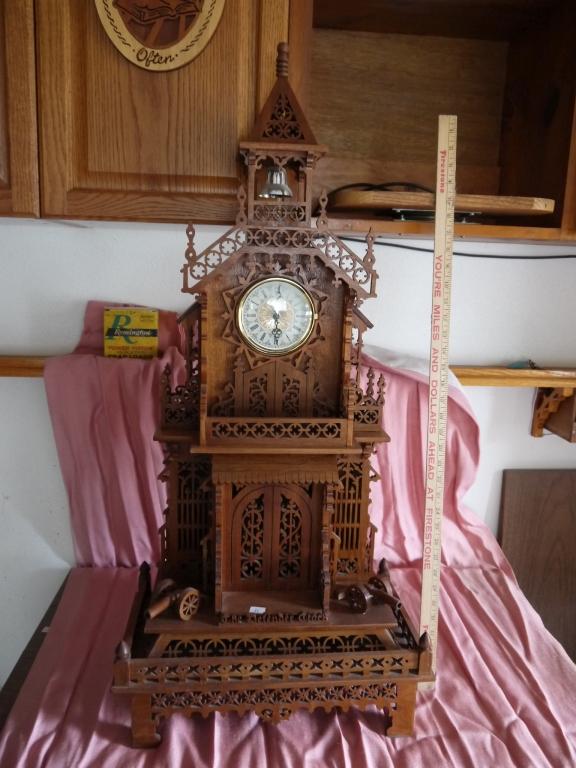Beautifully scrolled mantle clock: 39" T x 17-5/8" W x 10" D hand made by Russ Aldinger