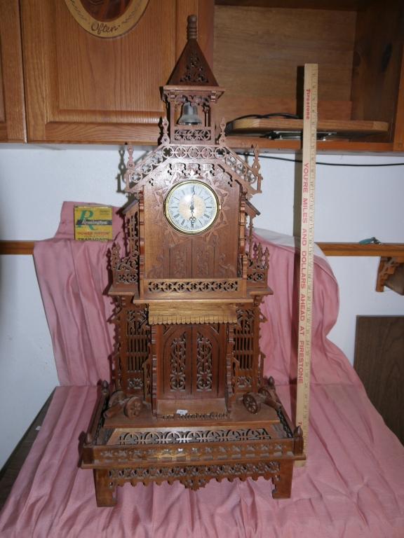 Beautifully scrolled mantle clock: 39" T x 17-5/8" W x 10" D hand made by Russ Aldinger