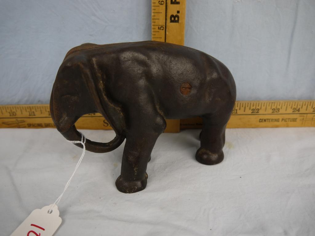 Cast iron elephant bank, 5" tall x 7" long