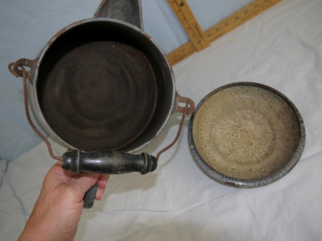 (2) grey enamel pieces: 3" tall cup with strainer/spout & coffee boiler