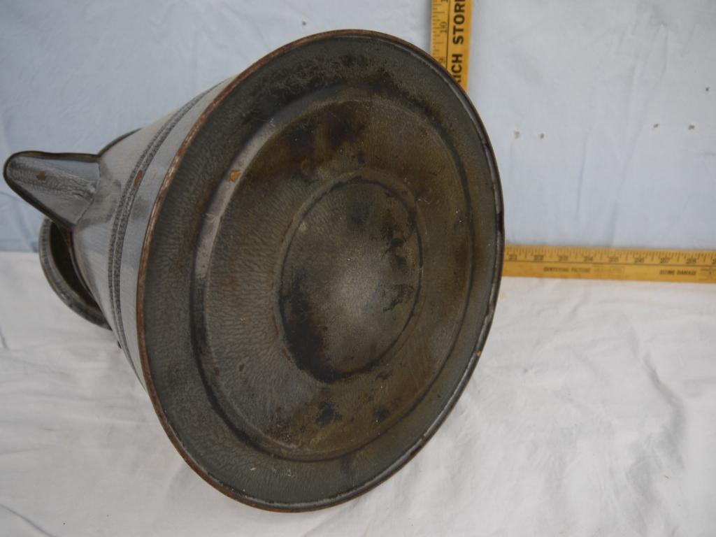 (2) grey enamel pieces: 3" tall cup with strainer/spout & coffee boiler