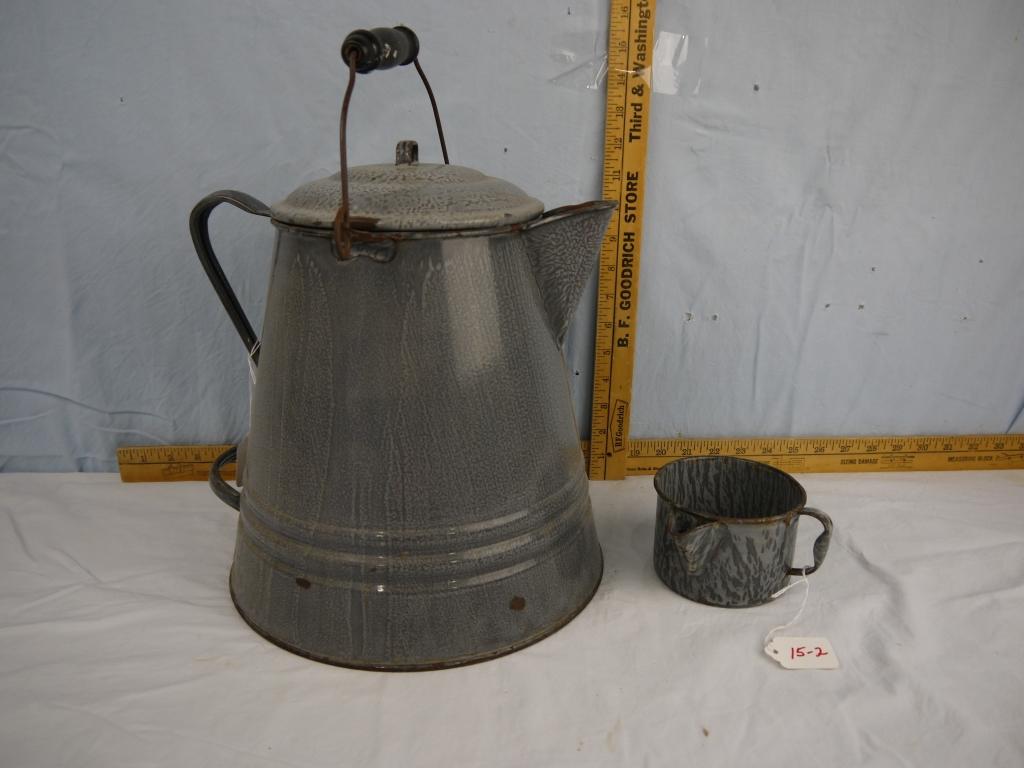 (2) grey enamel pieces: 3" tall cup with strainer/spout & coffee boiler