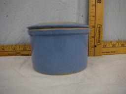 Blue lidded 1 LB. crock with lid, 4-1/2" diameter