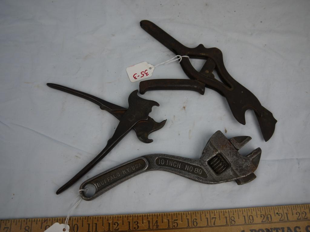 (3) tools: Fordson 10 inch No. 80, fencing pliers, spring loaded cutter
