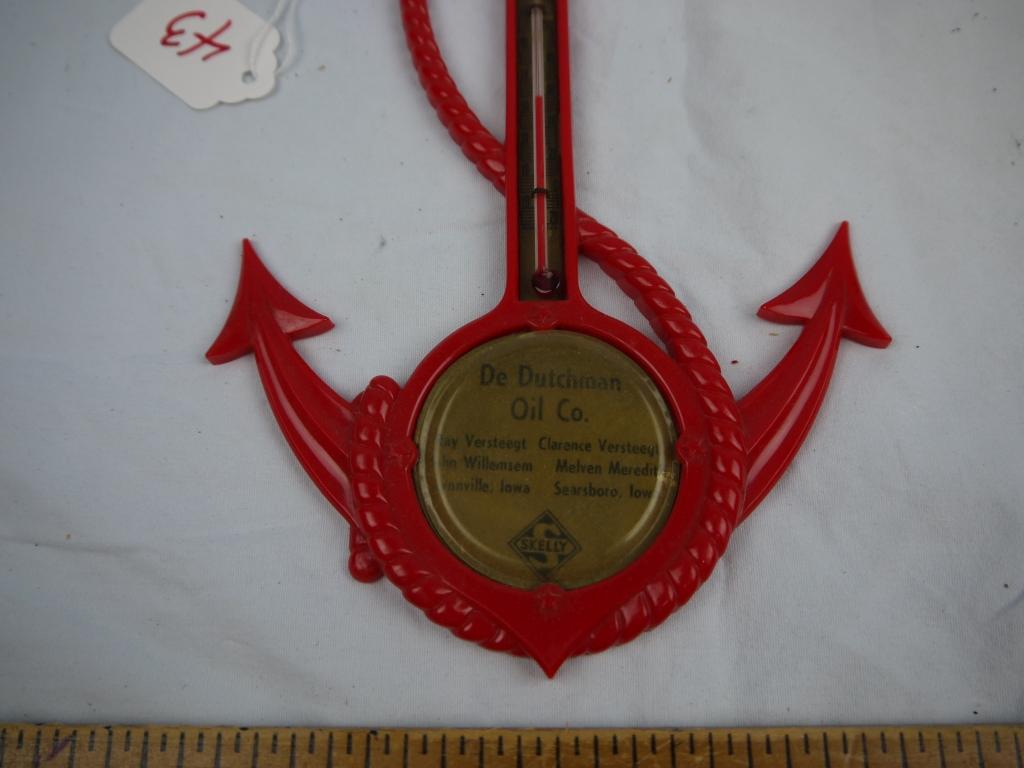 De Dutchman Oil Co. Skelly Oil anchor shaped thermometer (works??), 8-1/2" long