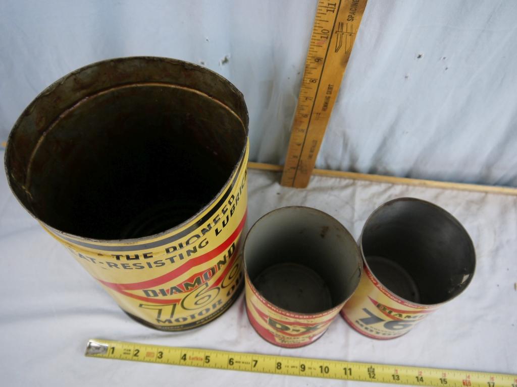 (3) empty oil cans: Diamond 760 5 quart & D-X & Diamond 760 one quart