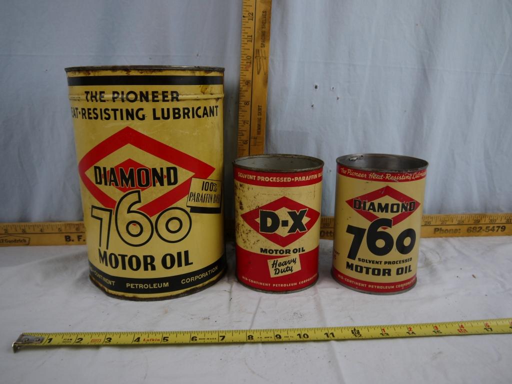 (3) empty oil cans: Diamond 760 5 quart & D-X & Diamond 760 one quart