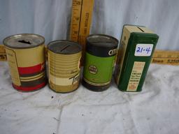 (4) metal coin banks: 2-3/4" to 4" tall