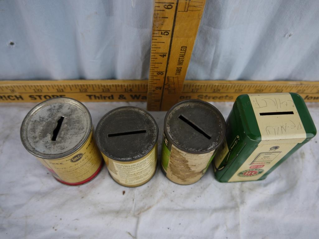 (4) metal coin banks: 2-3/4" to 4" tall
