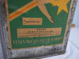 Metal oil can with paper applied "Venus" Oil label