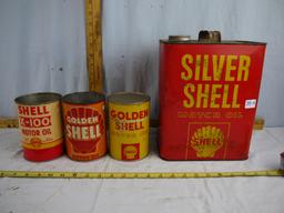 (4) empty Shell oil cans