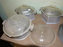 Guardian Service with 3 glass covered bowls, extra lid, oblong pan and serving tray