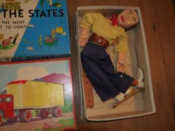 Games: Pick-up Sticks, MB 4920 Game of the States, Monopoly with wood pieces, puppet