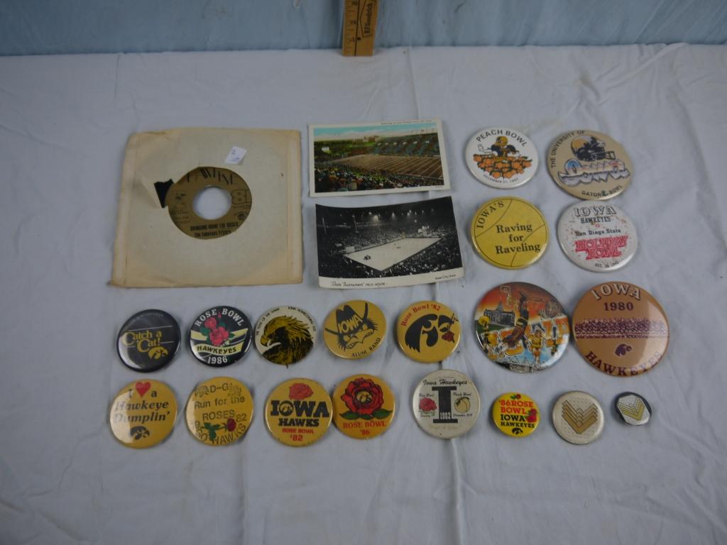 22 Iowa sports items - record, buttons, postcards