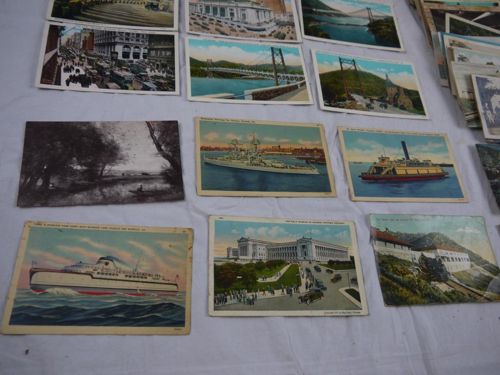 100+ postcards - cars, trains, trolley cars, boats, ship, wagons w/horses, airplanes