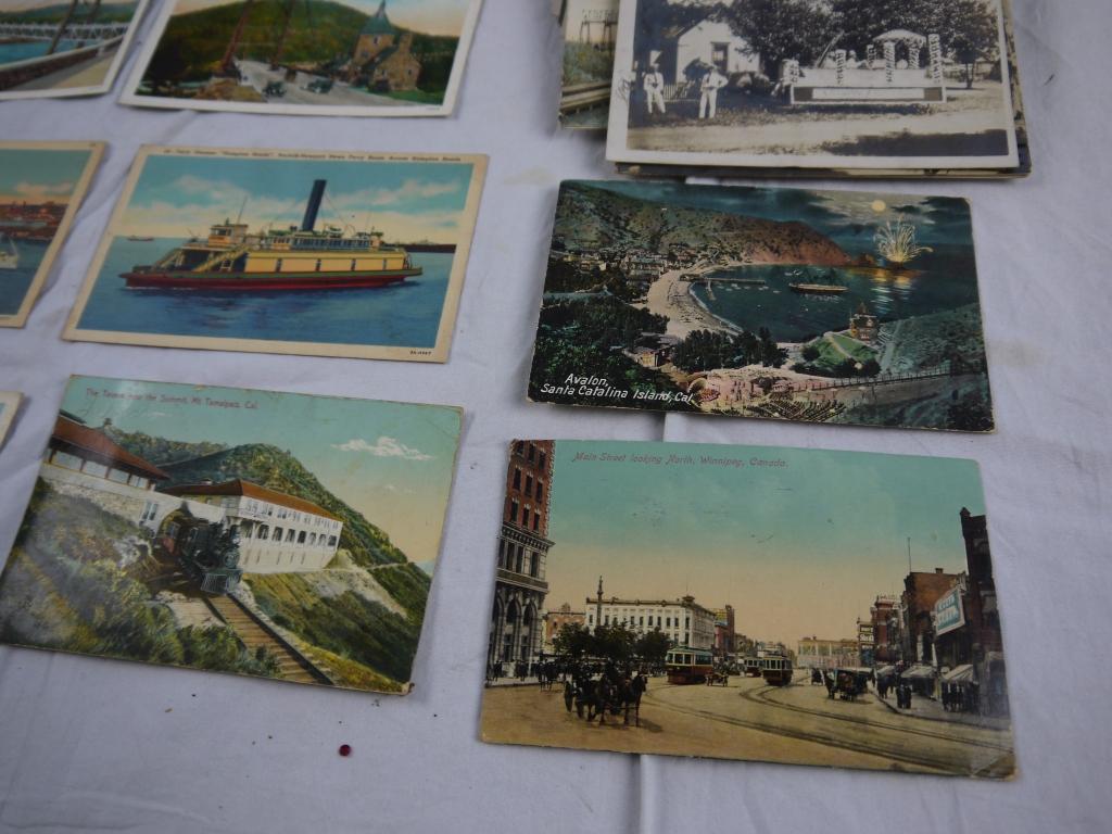 100+ postcards - cars, trains, trolley cars, boats, ship, wagons w/horses, airplanes