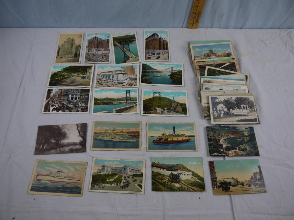 100+ postcards - cars, trains, trolley cars, boats, ship, wagons w/horses, airplanes